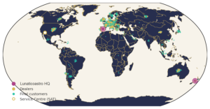 Mapa mundial que muestra la presencia global de Lunático, incluidos clientes, distribuidores y sedes en España y Nueva Zelanda. Vista desde Europa.