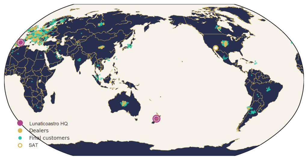 Mapa mundial que muestra la presencia global de Lunático, incluidos clientes, distribuidores y sedes en España y Nueva Zelanda. Vista desde Nueva Zelanda.
